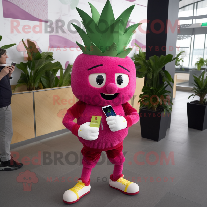 Magenta Pineapple mascot costume character dressed with a Trousers and Smartwatches