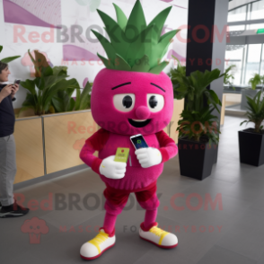 Magenta Pineapple mascot costume character dressed with a Trousers and Smartwatches