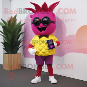 Magenta Pineapple mascot costume character dressed with a Trousers and Smartwatches