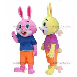 2 costumes de lapins, un jaune et un rose, avec des yeux bleus