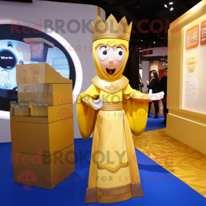 Gold Queen mascot costume character dressed with a Sheath Dress and Shawls