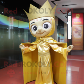 Gold Queen mascot costume character dressed with a Sheath Dress and Shawls