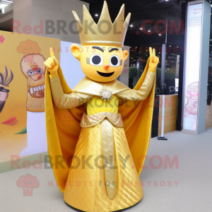 Gold Queen mascot costume character dressed with a Sheath Dress and Shawls