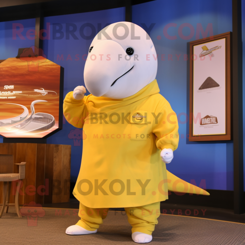 Gold Beluga Whale mascot costume character dressed with a Polo Tee and Shawl pins Gold Beluga Whale mascot costume character dressed with a Polo Tee and Shawl pins
