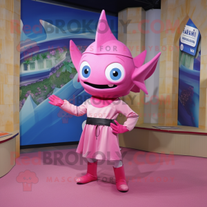 Pink Swordfish mascot costume character dressed with a Culottes and Bracelets