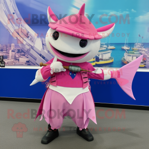 Pink Swordfish mascot costume character dressed with a Culottes and Bracelets