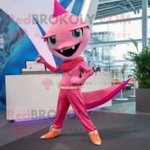 Pink Swordfish mascot costume character dressed with a Culottes and Bracelets