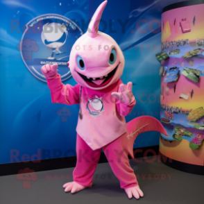 Pink Swordfish mascot costume character dressed with a Culottes and Bracelets