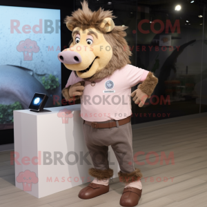 Tan Wild Boar mascot costume character dressed with a Skinny Jeans and Smartwatches