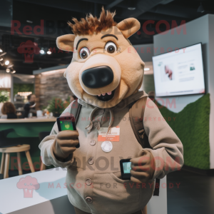 Tan Wild Boar mascot costume character dressed with a Skinny Jeans and Smartwatches