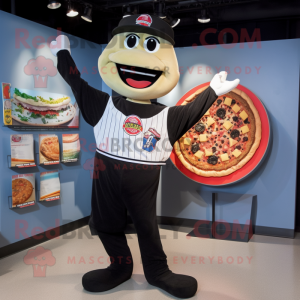 Black Pizza Slice mascot costume character dressed with a Baseball Tee and Lapel pins
