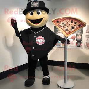 Black Pizza Slice mascot costume character dressed with a Baseball Tee and Lapel pins