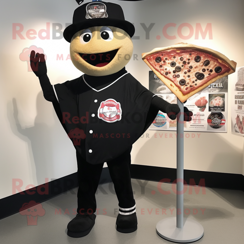 Black Pizza Slice mascot costume character dressed with a Baseball Tee and Lapel pins