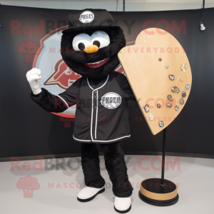 Black Pizza Slice mascot costume character dressed with a Baseball Tee and Lapel pins