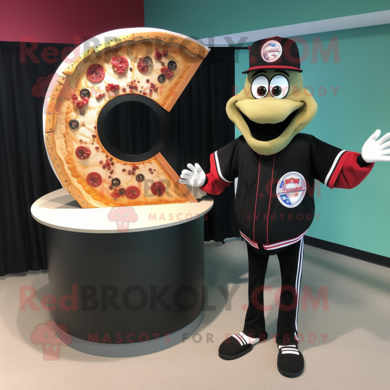 Black Pizza Slice mascot costume character dressed with a Baseball Tee and Lapel pins