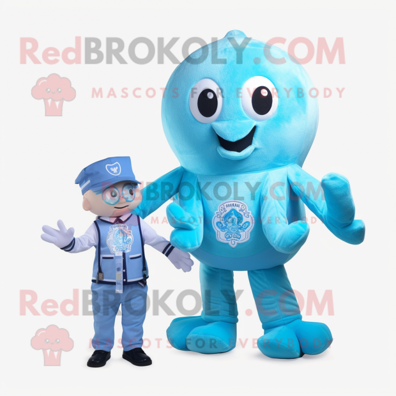 Sky Blue Octopus mascot costume character dressed with a Vest and Watches