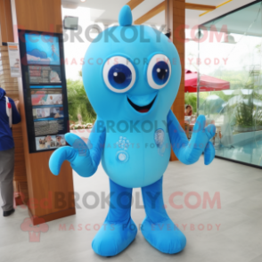 Sky Blue Octopus mascot costume character dressed with a Vest and Watches