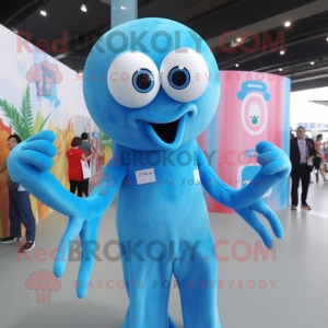 Sky Blue Octopus mascot costume character dressed with a Vest and Watches
