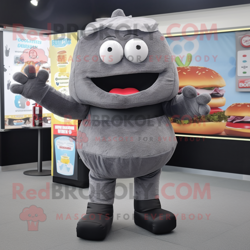 Gray Burgers mascot costume character dressed with a Jumpsuit and Wallets