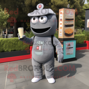 Gray Burgers mascot costume character dressed with a Jumpsuit and Wallets