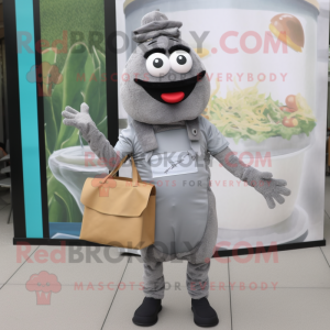 Gray Burgers mascot costume character dressed with a Jumpsuit and Wallets