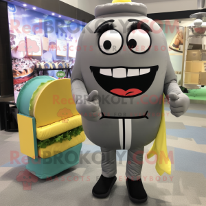 Gray Burgers mascot costume character dressed with a Jumpsuit and Wallets