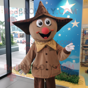Brown Starfish mascot costume character dressed with a Raincoat and Caps
