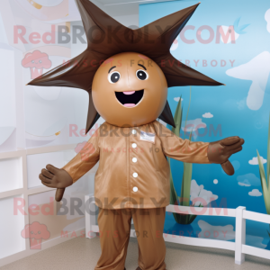 Brown Starfish mascot costume character dressed with a Raincoat and Caps