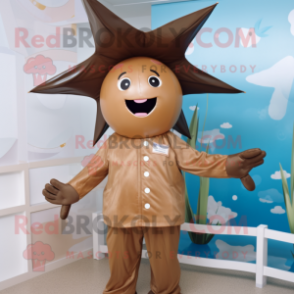 Brown Starfish mascot costume character dressed with a Raincoat and Caps