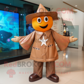 Brown Starfish mascot costume character dressed with a Raincoat and Caps