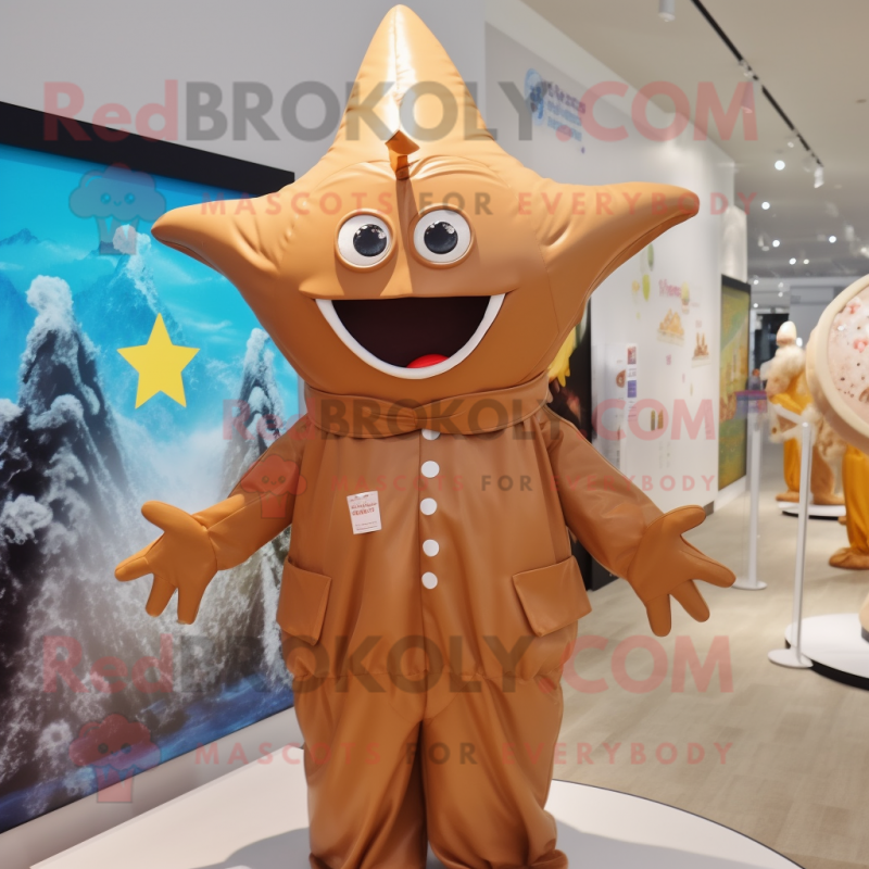 Brown Starfish mascot costume character dressed with a Raincoat and Caps