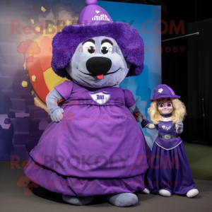 Purple Shepard'S Pie mascot costume character dressed with a Ball Gown and Caps