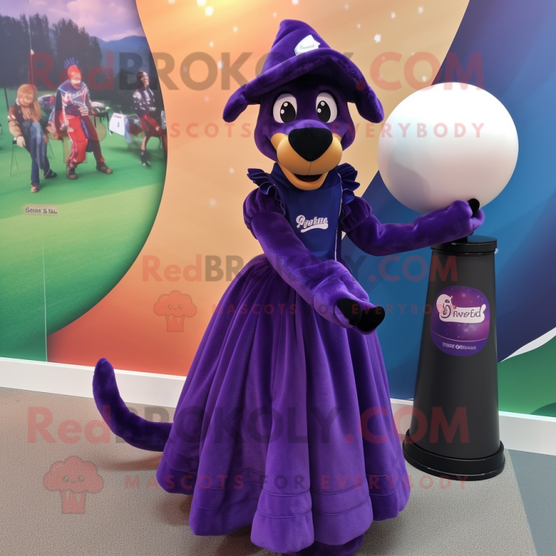 Purple Shepard'S Pie mascot costume character dressed with a Ball Gown and Caps