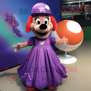 Purple Shepard'S Pie mascot costume character dressed with a Ball Gown and Caps