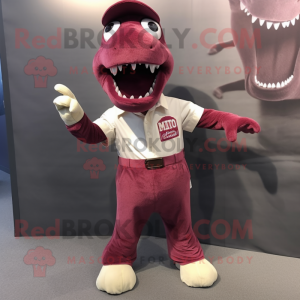 Maroon Diplodocus mascot costume character dressed with a Button-Up Shirt and Berets