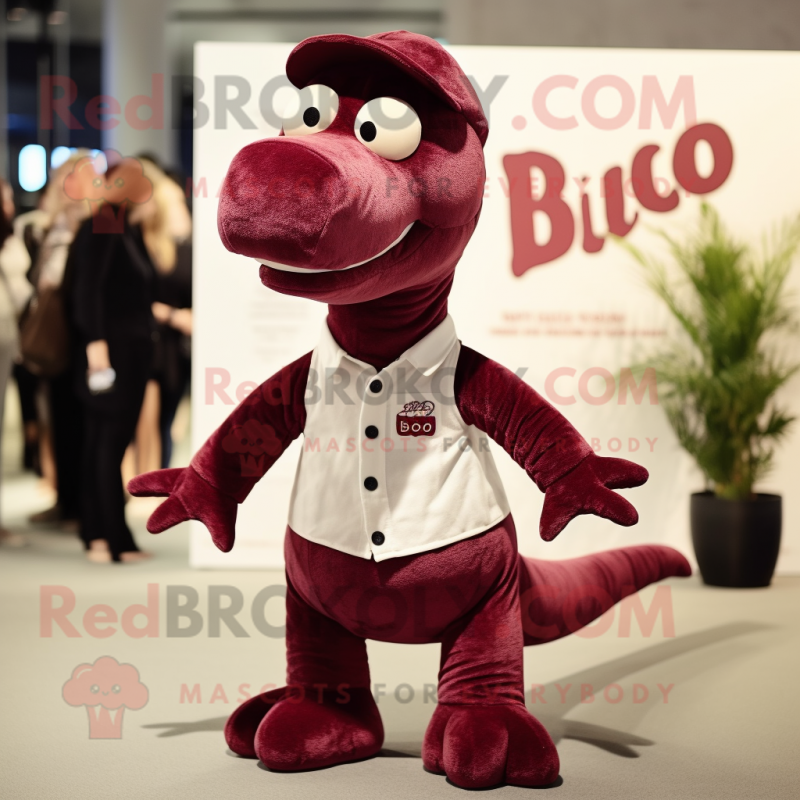 Maroon Diplodocus mascot costume character dressed with a Button-Up Shirt and Berets