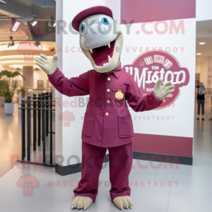 Maroon Diplodocus mascot costume character dressed with a Button-Up Shirt and Berets