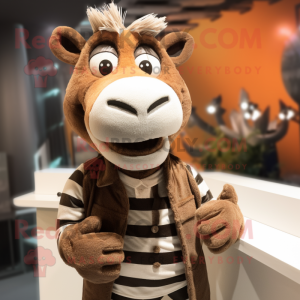 Brown Zebra mascot costume character dressed with a Vest and Cufflinks