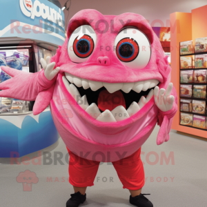 Pink Piranha mascot costume character dressed with a Graphic Tee and Rings