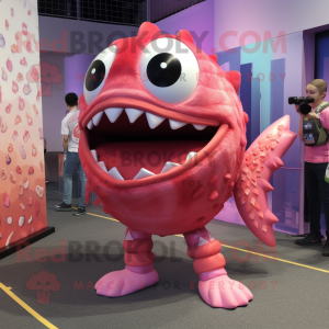 Pink Piranha mascot costume character dressed with a Graphic Tee and Rings