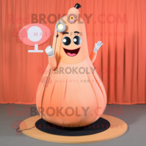 Peach Phone mascot costume character dressed with a Maxi Dress and Earrings