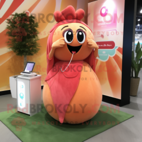 Peach Phone mascot costume character dressed with a Maxi Dress and Earrings