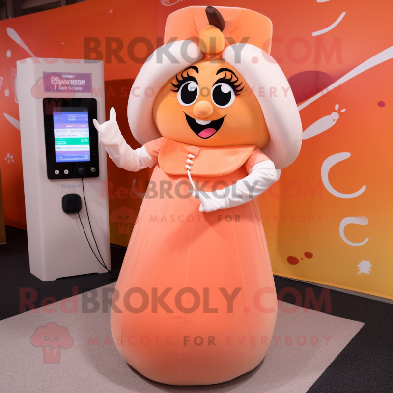 Peach Phone mascot costume character dressed with a Maxi Dress and Earrings Peach Phone mascot costume character dressed with a Maxi Dress and Earrings