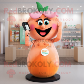 Peach Phone mascot costume character dressed with a Maxi Dress and Earrings
