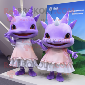 Lavender Axolotls mascot costume character dressed with a Mini Dress and Anklets