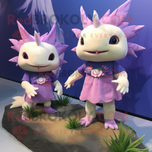 Lavender Axolotls mascot costume character dressed with a Mini Dress and Anklets