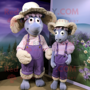 Lavender Sheep mascot costume character dressed with a Mom Jeans and Hats