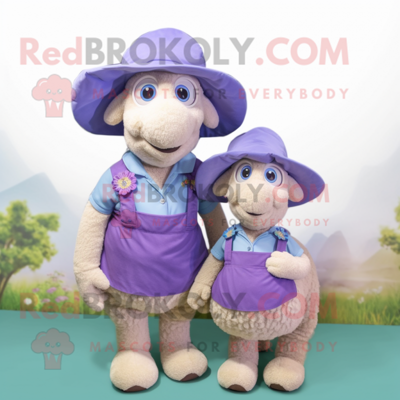 Lavender Sheep mascot costume character dressed with a Mom Jeans and Hats