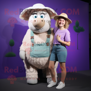 Lavender Sheep mascot costume character dressed with a Mom Jeans and Hats