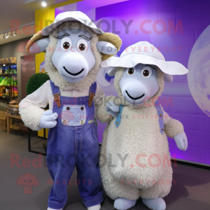 Lavender Sheep mascot costume character dressed with a Mom Jeans and Hats